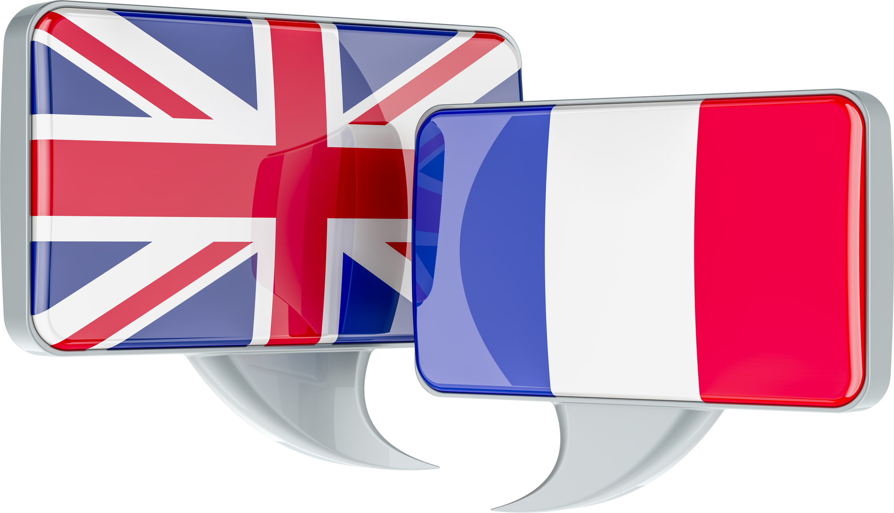 Speech balloons with British and French flags. English-French conversation concept, 3D rendering isolated on transparent background